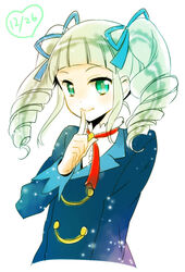  aikatsu! aikatsu!_(series) aqua_eyes commentary_request drill_hair female finger_to_mouth green_eyes hair_ribbon long_hair oerba_yun_fang ribbon school_uniform smile solo starlight_academy_school_uniform todo_yurika twin_drills twintails yuzucky 