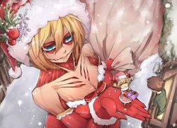  2boys armin_arlert bad_id bad_pixiv_id blonde_hair blue_eyes chibi crossdressing elbow_gloves female female_titan from_above giant giantess gift gloves highres in_palm jean_kirstein multiple_boys pannakotta red_gloves sack santa_costume shingeki_no_kyojin short_hair snow titan_(shingeki_no_kyojin) 