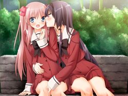  2girls aqua_eyes ayase_miya azumi_risa blonde_hair bow day game_cg hairband hairbow kani_biimu long_hair multiple_girls official_art open_mouth outdoors pink_hair pleated_skirt school_uniform sitting skirt sleeves_past_wrists sono_hanabira_ni_kuchizuke_wo st._michael&#039;s_school_uniform staring yuri 