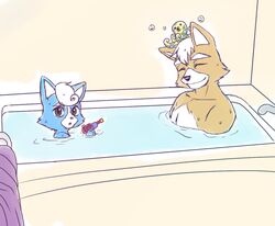  2016 anthro bare_shoulders bath bath_toy bathing bathroom bathtub black_nose blue_body blue_eyes blue_fur brown_body brown_fur bubble canid canine cephalopod closed_eyes coleoid duo father_(lore) father_and_child_(lore) father_and_son_(lore) faucet fox fox_mccloud fur green_eyes hair happy kokoro-tokoro male mammal marcus_mccloud marine mature_anthro mature_male mollusk multicolored_body multicolored_fur nintendo octopodiform octopus orange_body orange_fur parent_(lore) parent_and_child_(lore) parent_and_son_(lore) short_hair smile soap son_(lore) star_fox towel toy toy_gun two_tone_body two_tone_fur water water_gun water_pistol white_body white_fur white_hair young young_anthro 