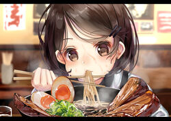  amahara_pekozaemon bad_id bad_pixiv_id blurry bowl brown_eyes brown_hair chopsticks cup depth_of_field drinking_glass eating egg female food food_in_mouth hair_ornament hairclip holding holding_chopsticks letterboxed lolicon long_sleeves looking_at_viewer meat nigiribashi noodles original ramen restaurant shirt short_hair solo steam sweat upper_body white_shirt 