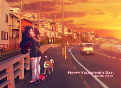  2girls ? age_difference bag blush brown_hair canine car closed_eyes coat commentary_request dated dusk happy_valentine kamakura_(city) kissing motor_vehicle multiple_girls nanakichi original outdoors pantyhose pet_walking photoshop_(medium) power_lines railing railroad_tracks real_world_location road scarf shopping_bag short_hair skirt squatting standing_on_object sunset surprise_kiss surprised traffic_light valentine winter_clothes winter_coat yuri 