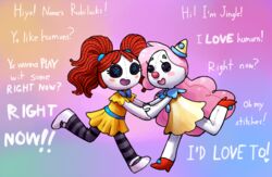  2017 animate_inanimate button_(fastener) button_eyes clothing clown costume doll dress female footwear hair hat headgear headwear hi_res humanoid jingle_(mt) legwear living_doll living_plushie long_hair not_furry outta_sync pierrot_costume pink_hair plushie red_hair rubilocks shoes stockings text twintails 