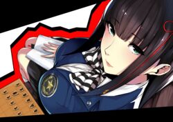  black_hair blunt_bangs board_game book breasts commentary_request female foreshortening from_above green_eyes kosei_high_school_uniform large_breasts lips long_hair looking_at_viewer miniskirt open_book persona persona_5 school_uniform shogi sidelocks sitting skirt solo tougou_hifumi yuuki_shin 