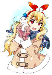  aikatsu! aikatsu!_(series) blonde_hair blush bucket bucket_on_head coat commentary_request female gloves hair_ribbon hoshimiya_ichigo long_hair looking_at_viewer object_on_head open_mouth red_eyes ribbon scarf smile snow snowman solo winter winter_clothes winter_coat yuzucky 