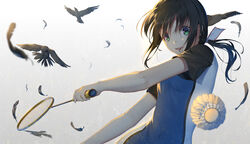  :d animal badminton_racket bird black_hair blue_shirt blurry blurry_foreground chinese_commentary commentary_request depth_of_field feathers female flying green_eyes hair_between_eyes hair_ribbon hanebado! hanesaki_ayano highres holding holding_racket ji_dao_ji left-handed long_hair looking_at_viewer low_ponytail open_mouth racket ribbon round_teeth shirt short_sleeves shuttlecock smile solo sportswear teeth upper_teeth_only white_ribbon 