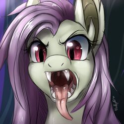  1:1 2015 bat_pony equid equine fangs female feral flutterbat_(mlp) fluttershy_(mlp) friendship_is_magic fur gaping_mouth hair hasbro hi_res horse hybrid looking_at_viewer mammal mouth_shot my_little_pony nummynumz open_mouth pink_hair pupils red_eyes sharp_teeth slit_pupils solo teeth tongue tongue_out uvula yellow_body yellow_fur 