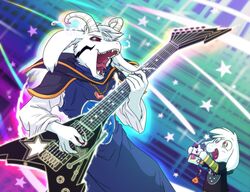  anthro asriel_dreemurr asriel_dreemurr_(god_form) boss_monster_(undertale) bovid caprine cellphone clothing electric_guitar electronics fangs goatanimedatingsim guitar guitar_pick head_tuft horn locket long_ears mammal musical_instrument phone plucked_string_instrument red_eyes robe shirt star string_instrument t-shirt teeth temmie_(undertale) tongue topwear tuft undertale undertale_(series) vulkin young 