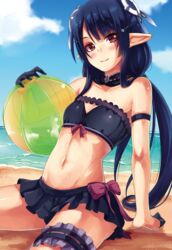  anette_(pso2) arm_garter arm_support bad_id bad_pixiv_id ball beach beachball bikini bikini_skirt black_bikini black_gloves black_hair blue_sky blush bow braid bridal_garter brown_eyes closed_mouth cloud day female flat_chest gloves hair_ornament hairclip holding holding_ball long_hair low_twintails navel on_ground outdoors phantasy_star phantasy_star_online_2 pointy_ears red_bow ribbon sand shimotsuki_shio shore sitting sky smile solo striped striped_bow swimsuit twintails very_long_hair water 