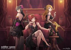  3girls absurdres ak-47 alcohol arm_at_side armlet artist_name assault_rifle ayase_eli bare_arms bare_shoulders between_fingers black_dress black_footwear black_gloves black_panties blonde_hair blue_eyes bottle bow bracelet breasts character_name cigarette cleavage closed_mouth commentary_request copyright_name couch crossed_legs cup curtains dress drink drinking_glass elbow_gloves food formal fringe_trim fruit gem gloves grin gun hair_between_eyes hair_ornament hairbow half_updo halterneck handgun high_heels highres hiroki_ree holding holding_gun holding_weapon holster howa_type_89 indoors jewelry kalashnikov_rifle lamp large_breasts lemon lemon_slice long_dress long_hair looking_at_viewer love_live! love_live!_school_idol_project m1911 medium_breasts multiple_girls necklace nishikino_maki panties pantyshot picture_frame plant portrait_(object) purple_eyes red_hair rifle sash scrunchie shoes short_dress signature sitting sleeveless sleeveless_dress smile smoke soldier_game sonoda_umi standing submachine_gun table thigh_holster thigh_strap thompson_submachine_gun tiara trigger_discipline underwear vase wall weapon white_gloves wine wine_bottle wine_glass yellow_eyes 