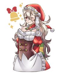  arms_behind_back bare_shoulders bell breasts cleavage commentary corrin_(female)_(fire_emblem) corrin_(fire_emblem) corset cosplay detached_collar dress female fire_emblem fire_emblem_awakening fire_emblem_fates fire_emblem_heroes fur_trim hat lissa_(fire_emblem) lissa_(fire_emblem)_(cosplay) lissa_(winter)_(fire_emblem) long_hair long_sleeves maji_(majibomber) medium_breasts one_eye_closed red_eyes santa_hat simple_background smile solo strapless strapless_dress white_background white_hair 