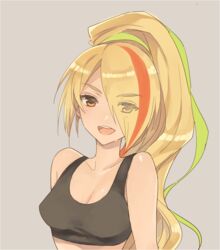  azuki_(aduki) bad_id bad_twitter_id bare_shoulders blonde_hair collarbone crop_top eyes_visible_through_hair female hair_between_eyes hair_over_one_eye head_tilt light_green_hair long_hair looking_at_viewer multicolored_hair nikaidou_saki open_mouth orange_hair ponytail simple_background sleeveless smile solo streaked_hair tank_top zombie_land_saga 