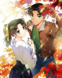  1boy ahoge arm_up autumn_leaves belt black_hair blue_skirt blush branch brown_coat brown_hair coat commentary couple denim female from_above green_eyes green_shirt hair_ribbon hattori_heiji hip_vent holding holding_paper jeans leaf long_hair looking_at_viewer looking_back looking_up maple_leaf mca_(dessert_candy) meitantei_conan open_clothes open_coat pants paper parted_bangs ponytail ribbon shirt short_hair signature skirt smile straight tan thick_eyebrows tooyama_kazuha white_shirt yellow_ribbon 