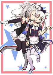  2girls absurdres animal_ears apron azur_lane bare_shoulders black_bow black_dress black_jacket black_thighhighs blue_bow blush boots bow cat_ears closed_eyes closed_mouth commentary detached_sleeves dress frilled_dress frills green_eyes grey_footwear grey_hair hair_between_eyes hair_ribbon hairbow hammann_(azur_lane) hammann_(retrofit)_(azur_lane) hand_up highres holding_hands j_young jacket kissing kissing_cheek knee_boots long_hair long_sleeves multiple_girls one_eye_closed one_side_up open_clothes open_jacket open_mouth puffy_short_sleeves puffy_sleeves red_ribbon revision ribbon short_sleeves sims_(azur_lane) strapless strapless_dress thighhighs very_long_hair waist_apron white_apron white_dress white_thighhighs wrist_cuffs yuri 