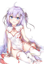  ahoge arm_warmers azur_lane black_ribbon blush box breasts bun_cover china_dress chinese_clothes commentary double_bun dress female gift gift_box hair_between_eyes hair_bun highres holding holding_gift long_hair looking_at_viewer official_alternate_costume pelvic_curtain purple_eyes purple_hair ribbon short_sleeves simple_background small_breasts solo stuffed_animal stuffed_toy stuffed_winged_unicorn thighhighs thighs unicorn_(azur_lane) unicorn_(the_gift_of_spring)_(azur_lane) very_long_hair white_background white_dress white_thighhighs wrist_cuffs xin_(zinc) 