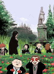  2girls 5boys :d black_hair blonde_hair blush book brown_hair bug castle commentary_request crossed_arms day draco_malfoy dress_shirt flower frown garden grass gregory_goyle harry_potter_(series) hermione_granger ivy long_hair magnifying_glass messy_hair mine_no.6 multiple_boys multiple_girls necktie open_book open_mouth outdoors pansy_parkinson plump red_hair robe ron_weasley scared severus_snape shirt short_hair sky smile spider statue straight_hair tree v-shaped_eyebrows vincent_crabbe walking wizarding_world 