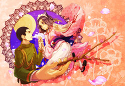  1boy animal_ears bad_id bad_pixiv_id black_hair branch brown_eyes couple female foreshortening fox_ears full_moon hassaku_(kuramatengu) holding_hands japanese_clothes kimono maid_headdress military military_uniform moon obi otome_youkai_zakuro petals purple_eyes sash short_hair straight susukihotaru uniform yoshinokazura_riken 