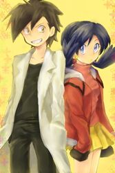  1boy alternate_costume black_hair blue_eyes blue_hair blush commentary_request cosplay couple earrings ethan_(pokemon) ethan_(pokemon)_(cosplay) female hk_(nt) jewelry kris_(pokemon) kris_(pokemon)_(cosplay) pokemon pokemon_adventures smile star_(symbol) star_earrings straight twintails yellow_eyes 