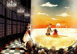  1boy 2girls bad_id bad_pixiv_id bird brown_hair cape chandelier checkered_floor crack dress field gears high_heels highres house multiple_girls original shigatsuya shoes short_hair suspenders tree twintails weeds 