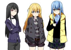  3girls amatsuka_rikka amatsuka_tsurara amatsuka_urara baby_princess black_hair blonde_hair blue_eyes blue_hair blush commentary_request crossed_arms glasses jacket kusaka_souji long_hair multiple_girls one_eye_closed pleated_skirt red_eyes shorts skirt sparkle standing 