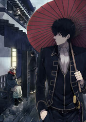  4boys black_eyes black_hair commentary_request gintama haori hijikata_toushirou japanese_clothes kimono ko-man male_focus multiple_boys oil-paper_umbrella outdoors parasol ponytail rain sakata_gintoki scarf umbrella white_hair 