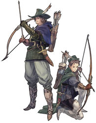  1boy absurdres archer_(ogre_battle) arrow_(projectile) back-to-back belt boots bow_(weapon) brown_hair cloak female gloves hat highres kneeling knife long_hair masao_tsubasa official_art photoshop_(medium) quiver simple_background standing tactics_ogre weapon yoshida_akihiko 