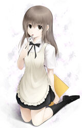  apron bad_id bad_pixiv_id brown_eyes brown_hair female fork kneehighs kneeling loafers long_hair muranushi_sayuri photoshop_(medium) shoes skirt socks solo taka_yanagi working!! working!!_(web_manga) 