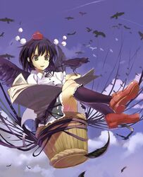  alternate_eye_color animal bad_id bad_pixiv_id basket bird black_hair black_socks black_wings bucket crow day feathers female flock flying green_eyes hat hidebo kneehighs loafers looking_away open_mouth ribbon shameimaru_aya shoes short_hair sky smile socks solo tokin_hat touhou wings 