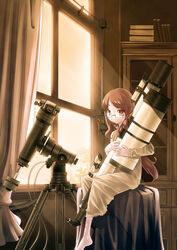  barefoot book brown_eyes brown_hair cabinet commentary_request dress female glasses indoors long_hair original pixiv solo sunset tama_(speedgrapher) telescope window 