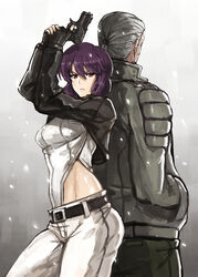  1boy arms_up back-to-back batou_(gits) belt belt_buckle black_jacket bodysuit buckle commentary_request cowboy_shot cropped_jacket female ghost_in_the_shell gun hands_in_pockets highleg highleg_leotard highres holding holding_gun holding_weapon jacket kusanagi_motoko leotard lips looking_at_viewer madarame midriff pants parted_lips ponytail purple_hair red_eyes short_hair weapon white_leotard white_pants 