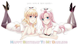  2girls anz_(starry) bad_id bad_pixiv_id blonde_hair blue_eyes breasts cleavage gundam gundam_seed gundam_seed_destiny hat high_heels large_breasts legs long_hair lying macross macross_frontier meer_campbell multiple_girls nurse nurse_cap on_stomach photoshop_(medium) pink_hair sheryl_nome shoes smile the_pose thighhighs 