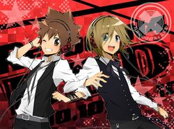  arm_linking basil belt blue_eyes bow_tie bracelet brown_eyes brown_hair headphones katekyo_hitman_reborn sawada_tsunayoshi smiling tie vest white_shirt winking 