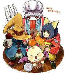  1boy 1other :p blue_hair bodysuit bow candy commentary_request eiko_carol female final_fantasy final_fantasy_ix food fork gloves green_eyes hairbow halloween happy_halloween hat horns jack-o&#039;-lantern lollipop moogle pink_bodysuit posca pumpkin quina_quen ribbon short_hair single_horn swirl_lollipop tongue tongue_out vivi_ornitier wings yellow_bow 