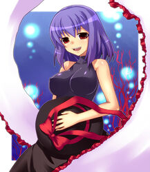  bare_shoulders commentary_request female hat hat_on_chest hat_ribbon holding holding_clothes holding_hat impossible_clothes impossible_shirt nagae_iku open_mouth purple_hair red_eyes ribbon saemon_(tonpura) shawl shirt short_hair sleeveless sleeveless_turtleneck smile solo touhou turtleneck unworn_hat unworn_headwear 