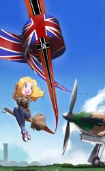  2girls aircraft airplane broom broom_riding commentary commentary_request cross flag flying hawker_hurricane highres illusion inui_(jt1116) iron_cross medal military multiple_girls original parody shoes sidesaddle sneakers swastika union_jack witch world_war_ii 