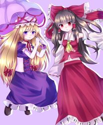  2girls bad_id bad_pixiv_id bare_shoulders blonde_hair bow brown_hair detached_sleeves elbow_gloves gloves hair_ribbon hairbow hakurei_reimu japanese_clothes long_hair meronpanna_(mikoniito) miko multiple_girls parasol purple_eyes red_eyes ribbon touhou umbrella yakumo_yukari 