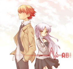  1boy angel_beats! bad_id bad_pixiv_id black_necktie black_skirt blazer buttons collared_shirt copyright_name cowboy_shot expressionless female floating_hair hand_in_pocket hands_in_pockets height_difference jacket kotarou_(raincoat) long_hair long_sleeves looking_at_viewer necktie open_clothes open_jacket orange_hair otonashi_yuzuru school_uniform shirt short_hair sidelocks skirt standing tachibana_kanade very_long_hair white_hair wind yellow_eyes 