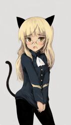  :o animal_ears bad_id bad_pixiv_id blonde_hair cat_ears cat_girl cat_tail female glasses long_hair military military_uniform oimu_(ununsan) pantyhose perrine_h._clostermann shirt_tug solo strike_witches tail uniform world_witches_series yellow_eyes 