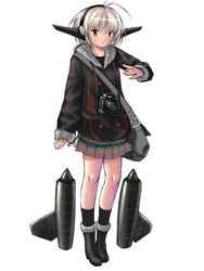  ahoge bag boots camera commentary_request ericsakura female headphones jacket legs military original personification photoshop_(medium) solo sr-71_blackbird 