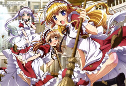  3girls :o absurdres ass blue_eyes broom brown_eyes brown_hair fortune_arterial green_eyes grey_hair headdress highres imageboard_desourced ishii_kumi leaf long_hair maid megami_magazine multiple_girls non-web_source official_art open_mouth outdoors panties pantyhose pantyshot pink_panties sendou_erika socks tougi_shiro twintails underwear upskirt very_long_hair wavy_mouth white_panties white_pantyhose wind wind_lift wrist_cuffs yuuki_haruna 