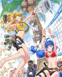  2girls 3boys ^^^ adapted_costume against_tree alternate_costume antenna_hair armpits arms_up bandolier barefoot battle_mania beach beach_volleyball belt beret bikini black_hair blonde_hair blue_eyes blue_hair blush_stickers bondage bondage bound bound_legs bound_torso bracelet breasts camera car cartridge cleavage cloud coconut coconut_tree commentary_request console_war crossover dated day explosive eyepatch facial_hair floating_hair flying_sweatdrops formal gag gagged game_console green_eyes grenade grin gun hair_intakes hairband hammer handgun haneda_maria hat highres holding holster improvised_gag isedaichi_ken jewelry jumping knife koutaishi_denka large_breasts legs long_hair looking_at_viewer loose_belt low-tied_long_hair mario mario_(series) motor_vehicle moustache multicolored_hair multiple_boys multiple_girls navel nintendo ootorii_mania outdoors outline overalls palm_tree photoshop_(medium) raised_eyebrows rope sand sega shaded_face sheath sheathed short_hair signature sky smile sparkle spiked_bracelet spikes suit super_famicom super_mario_bros._1 sweatdrop swimsuit taisa_(battle_mania) tape tape_gag thigh_holster thigh_strap tree turban turtleneck two-tone_hair underboob volleyball_net watch weapon wristwatch 