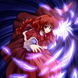  bow braid cape commentary_request danmaku dress female fue_(fuef) glowing long_hair okazaki_yumemi red_eyes red_hair solo touhou touhou_(pc-98) 