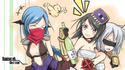  3girls alcohol assassin_cross_(ragnarok_online) bad_id bad_pixiv_id black_hair blindfold blue_hair book book_on_head bottle braid closed_eyes hat long_hair mask mouth_mask multiple_girls object_on_head ogami_kazuki photoshop_(medium) purple_eyes ragnarok_online rideword_(ragnarok_online) scarf smile sura_(ragnarok_online) white_hair 