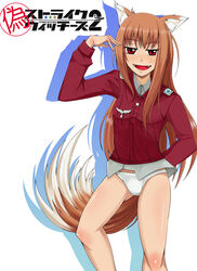  animal_ears brown_hair charlotte_e._yeager commentary_request fangs female holo koshimizu_ami long_hair military military_uniform panties parody red_eyes sakekan solo spice_and_wolf strike_witches tail underwear uniform voice_actor_connection white_panties wolf_ears wolf_girl wolf_tail world_witches_series 