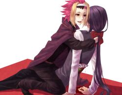  2boys bad_id bad_pixiv_id blood bow cape headband long_hair lotter75 male_focus multicolored_hair multiple_boys murder purple_hair smile streaked_hair tales_of_(series) tales_of_vesperia white_background yuri_lowell zagi_(tales) 