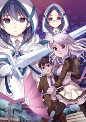  1boy 3girls annihilate_luxifer bad_id bad_pixiv_id black_hair blue_eyes blue_hair braid cloak dress formal frills glasses hair_ornament hairclip multiple_girls necktie pink_eyes purple_eyes purple_hair short_hair suit sword thighhighs umbrella wasabi_(sekai) weapon white_hair 