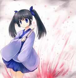  black_hair blood blue_eyes commentary_request female highres houchou-san_no_uwasa knife reco_(fortunequest) sashimi_houchou-san solo twintails 