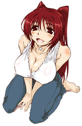  bare_shoulders barefoot blush breasts cleavage commentary_request denim feet female hands heart jeans kneeling kousaka_tamaki large_breasts long_hair pants red_hair sitting solo to_heart_(series) to_heart_2 wariza yamaguchi_homupe 