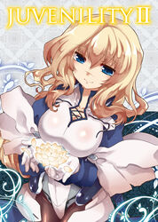  black_legwear blonde_hair blue_eyes bodysuit breasts female female flower gloves glue_eyes irouha kyoukai_senjou_no_horizon kyoukaisenjou_no_horizon large_breasts mary_stuart scar smile solo 