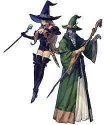  1boy absurdres beard boots elbow_gloves facial_hair female gloves hat highres long_hair masao_tsubasa official_art simple_background skirt staff standing tactics_ogre thigh_boots thighhighs wand weapon witch witch_(tactics_ogre) witch_hat wizard yoshida_akihiko 